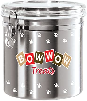 Oggi Jumbo Airtight Stainless Steel Pet Treat Canister with Bow Wow Motif-Clear Acrylic Flip-Top Lid and Locking Clamp Closure, 130 oz, Silver - The Finished Room