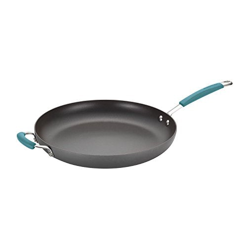 Rachael Ray 87642 Cucina Hard Anodized Nonstick Skillet with Helper Handle, 14 Inch Frying Pan, Gray/Agave Blue - The Finished Room