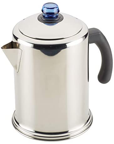 Farberware Classic Stainless Steel Coffee Percolator, 12 Cup, Silver with Glass Blue Knob - The Finished Room