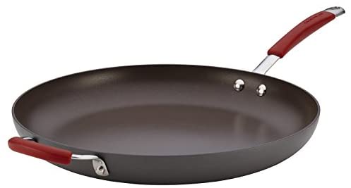 Rachael Ray 87631-T Cucina Hard Anodized Nonstick Skillet with Helper Handle, 14 Inch Frying Pan, Gray/Red - The Finished Room
