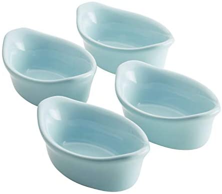 Rachael Ray Solid Glaze Ceramics Dipping Cups / Ramekin Set for Snacks, Desserts, and More, Oval - 4 Piece, Light Blue - The Finished Room