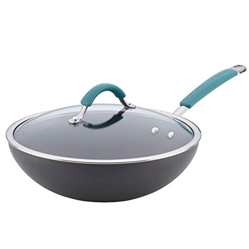 Rachael Ray Cucina Hard Anodized Nonstick Stir Fry Wok Pan with Lid, 11 Inch, Gray with Blue Handles - The Finished Room