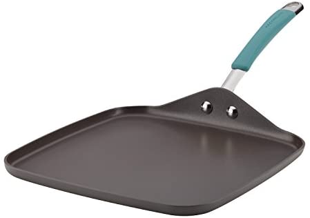 Rachael Ray Cucina Hard Anodized Nonstick Griddle Pan/Flat Grill, 11 Inch, Gray with Agave Blue Handle - The Finished Room