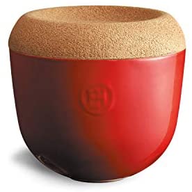 Emile Henry Made in France Burgundy 5.8 inch diameter Garlic Cellar Pot with cork cover,348763 - The Finished Room