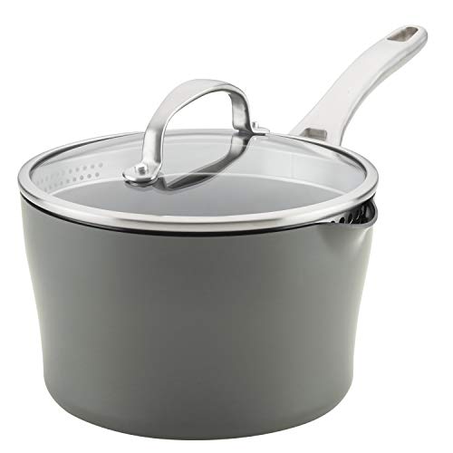Anolon Allure Hard Anodized Nonstick Sauce Pan/Saucepan with Straining and Lid, 3.5 Quart, Gray - The Finished Room