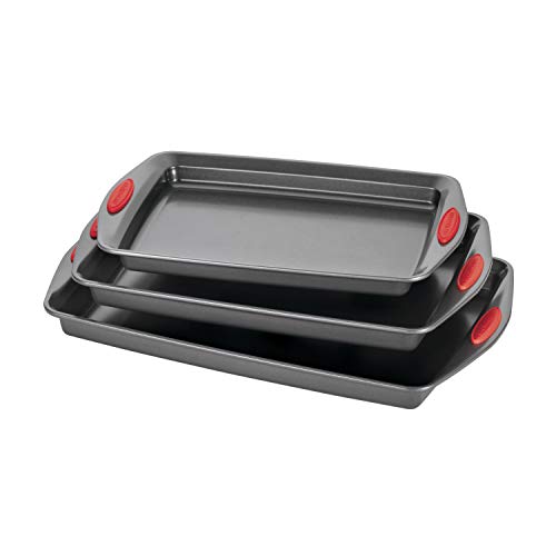 Rachael Ray Bakeware Nonstick Cookie Pan Set, 3-Piece, Gray with Red Grips - The Finished Room