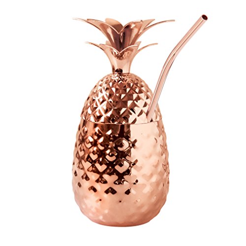 OGGI Stainless Steel Pineapple Cup with Straw & Lid- 12oz Copper Plated Metal Pineapple, Bar Accessories for Summer, Cocktail Cups Make Great Drinking Gifts - The Finished Room