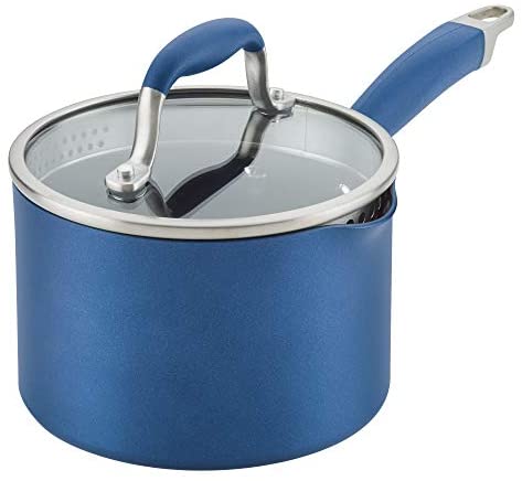 Anolon Advanced Home Hard Anodized Nonstick Sauce Pan/Saucepan with Straining and Lid, 2 Quart, Indigo Blue - The Finished Room