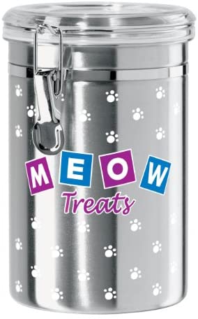 Oggi Airtight Stainless Steel 51-Ounce Pet Treat Canister with Meow Treats Motif-Clear Acrylic Flip-Top Lid with Locking Clamp Closure - The Finished Room