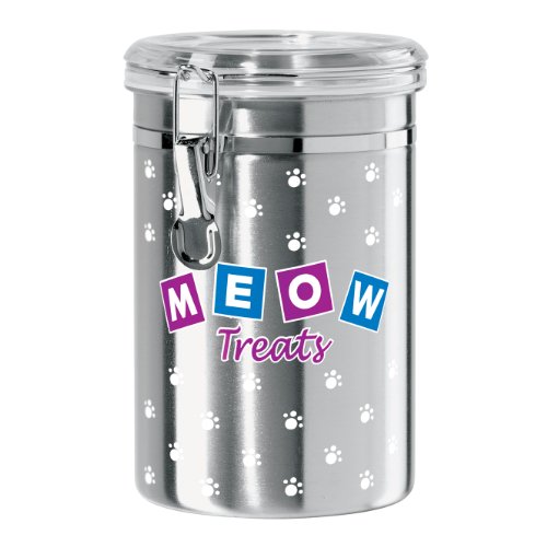 Oggi Airtight Stainless Steel 51-Ounce Pet Treat Canister with Meow Treats Motif-Clear Acrylic Flip-Top Lid with Locking Clamp Closure - The Finished Room