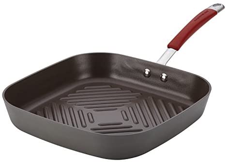 Rachael Ray Cucina Hard Anodized Nonstick Grill/Deep Square Griddle Pan, 11 Inch, Gray with Red Handles - The Finished Room