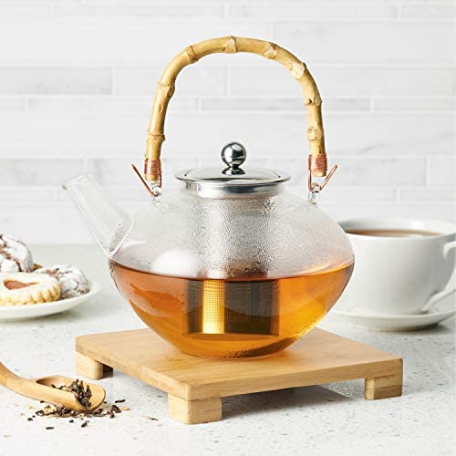 BonJour Tea Glass Zen Teapot with Stainless Steel Infuser and Bamboo Trivet, 34 Ounce, Clear - The Finished Room
