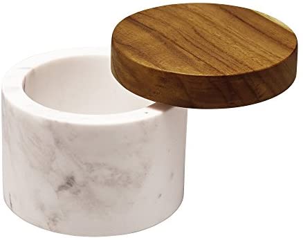 Anolon Pantryware Marble Salt Cellar with Teak Lid / Marble Salt Box with Teak Lid - 5.25 Ounce , White - The Finished Room