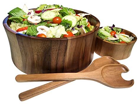 Kalmar Home 328B-3 Large Acacia Wood Salad Serving Bowls with Servers, Brown - The Finished Room