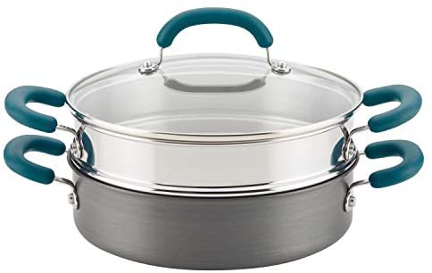 Rachael Ray Create Delicious Hard Anodized Nonstick Multi-Pot/Steamer Set, 3 Piece, Gray With Teal Handles - The Finished Room