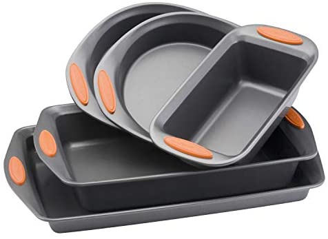 Rachael Ray 55673 Nonstick Bakeware Set with Grips includes Nonstick Bread Pan, Baking Pans and Cake Pans - 5 Piece, Gray with Orange Grips - The Finished Room