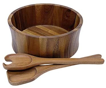 Kalmar Home 328B-3 Large Acacia Wood Salad Serving Bowls with Servers, Brown - The Finished Room