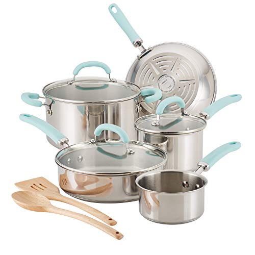 Rachael Ray Create Delicious Stainless Steel Cookware Set, 10-Piece Pots and Pans Set, Stainless Steel with Light Blue Handles - The Finished Room