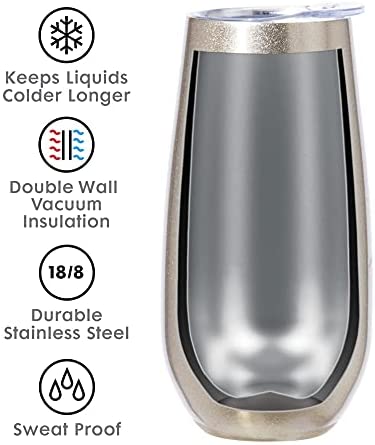 OGGI Thermo Flute &#39;Celebrate Collection&#39; Stainless Steel Insulated Champagne Flute Tumbler - Gold Sparkle, 6oz, with clear sip lid. - The Finished Room