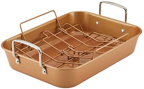 Ayesha Curry Nonstick Roaster / Roasting Pan with Rack - 11 Inch x 15 Inch, Brown - The Finished Room