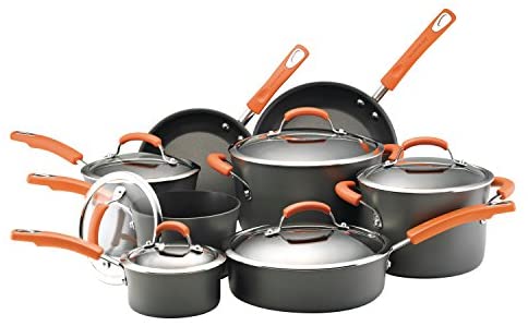 Rachael Ray Brights Hard-Anodized Nonstick Cookware Set with Glass Lids, 14-Piece Pot and Pan Set, Gray with Orange Handles - The Finished Room