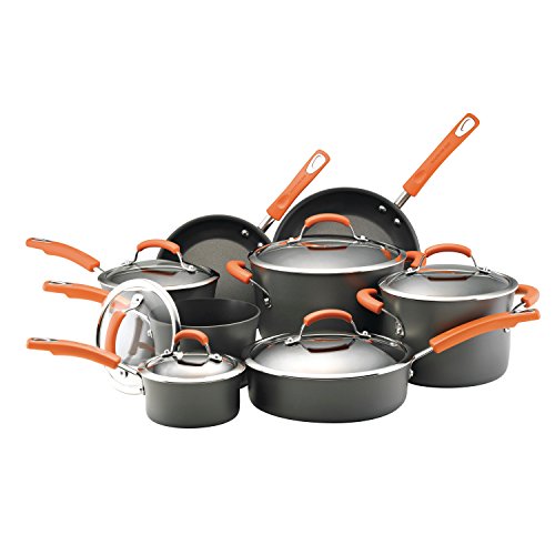 Rachael Ray Brights Hard-Anodized Nonstick Cookware Set with Glass Lids, 14-Piece Pot and Pan Set, Gray with Orange Handles - The Finished Room