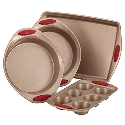 Rachael Ray Cucina Bakeware Set Includes Nonstick Cake Cookie Baking Sheet and Muffin Cupcake Pan, 4 Piece, Latte Brown with Cranberry Red Grips - The Finished Room