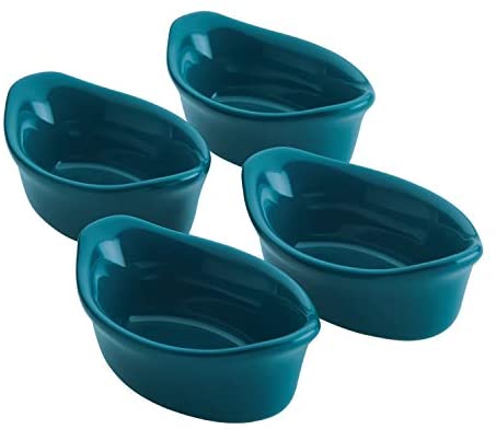 Rachael Ray Solid Glaze Ceramics Dipping Cups / Ramekin Set for Snacks, Desserts, and More, Oval - 4 Piece, Teal Blue - The Finished Room