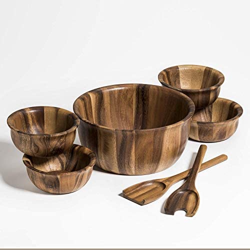 Kalmar Home 11-Inch Acacia Wood Large Soro Salad Bowl with 4 Individuals - The Finished Room