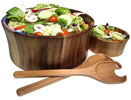 Kalmar Home 12-Inch Acacia Wood Curved Extra Large Salad Bowl with Servers - The Finished Room