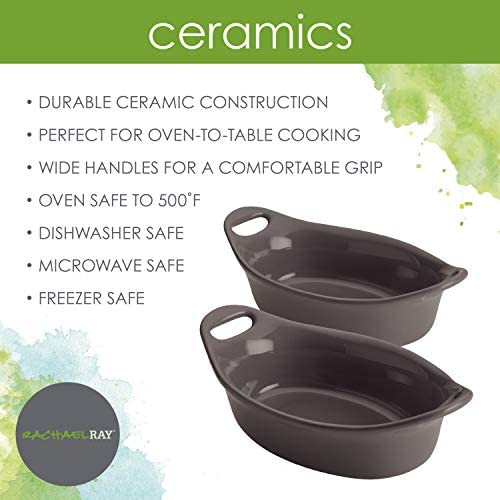 Rachael Ray Solid Glaze Ceramics Au Gratin Bakeware / Baker Set, Oval - 2 Piece, Gray - The Finished Room