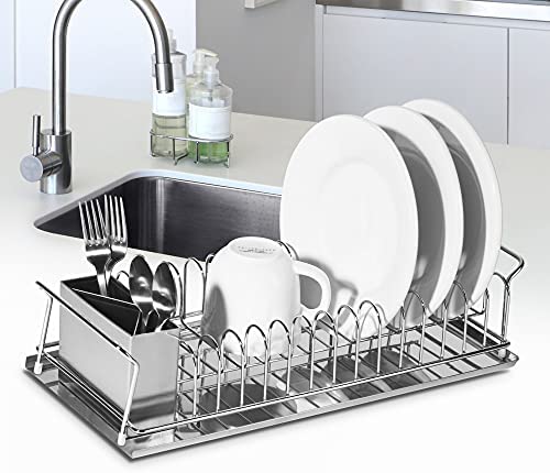 Oggi 3-Piece Dish Drain Set with Stainless Steel Utensil Caddy &amp; Drip Tray. - The Finished Room