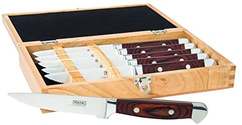 Viking Culinary High Carbon German Steel Pakka Wood Handle Steak Knife Set, 6 Piece, Red - The Finished Room