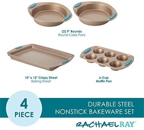 Rachael Ray Cucina Bakeware Set Includes Nonstick Cake Cookie Baking Sheet and Muffin Cupcake Pan, 4 Piece, Latte Brown with Cranberry Red Grips - The Finished Room