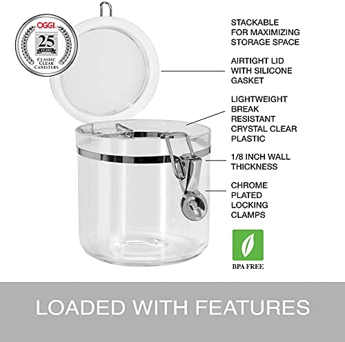 Oggi 5pc Clear Canister Set with Clamp Lids Airtight Containers in Sizes Ideal for Kitchen &amp; Pantry Storage of Bulk, Dry Foods Including Flour, Sugar, Coffee, Rice, Tea, Spices &amp; Herbs - The 