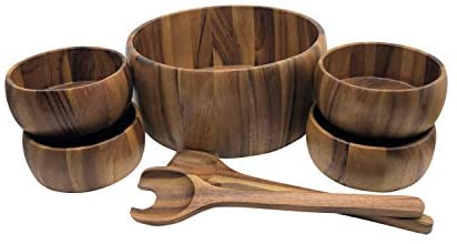 Kalmar Home 12-Inch Acacia Wood Smooth Extra Large Salad Bowl with 4 Bowls - The Finished Room