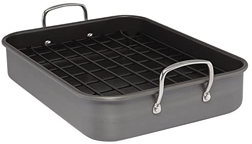 Rachael Ray Brights Hard Anodized Nonstick Roaster / Roasting Pan with Rack - 16 Inch x 12 Inch, Gray - The Finished Room