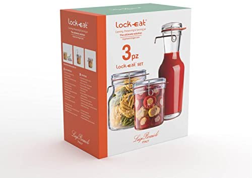 Luigi Bormioli Lock-Eat 3 piece Jar Set 25.25 oz, 50.75 oz, 34 oz, Set of 3, Clear - The Finished Room