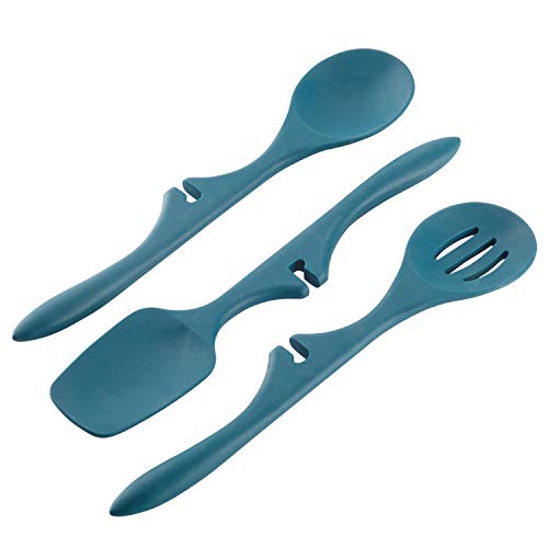 Rachael Ray Kitchen Tools and Gadgets Nonstick Utensils/Lazy Spoonula, Solid and Slotted Spoon, 3 Piece, Marine Blue - The Finished Room