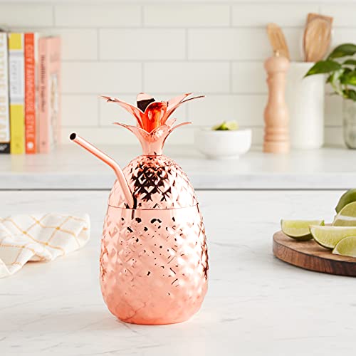 OGGI Stainless Steel Pineapple Cup with Straw &amp; Lid- 12oz Copper Plated Metal Pineapple, Bar Accessories for Summer, Cocktail Cups Make Great Drinking Gifts - The Finished Room
