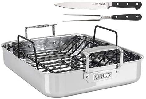 Viking 3-Ply Stainless Steel Roasting Pan with Nonstick Rack + BONUS Carving Set, 16 Inch by 13 Inch - The Finished Room