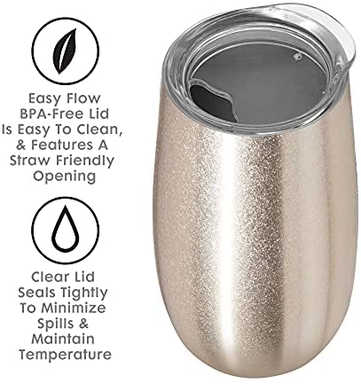 OGGI Thermo Flute &#39;Celebrate Collection&#39; Stainless Steel Insulated Champagne Flute Tumbler - Gold Sparkle, 6oz, with clear sip lid. - The Finished Room