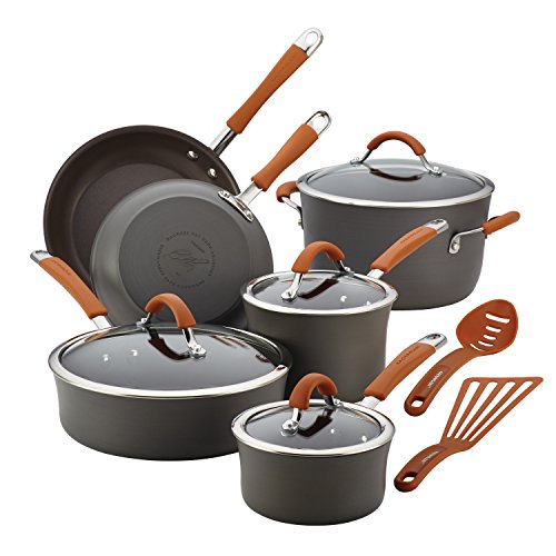 Rachael Ray Cucina Dishwasher Safe Hard Anodized Nonstick Cookware Pots and Pans Set, 12 Piece, Gray with Orange Handles - The Finished Room