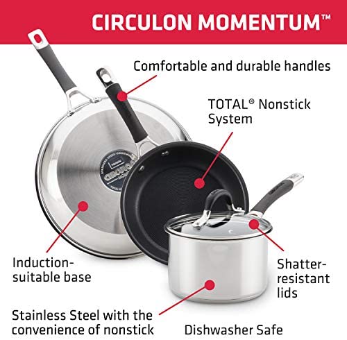 Circulon Momentum Stainless Steel Sauce Pan/Saucepan with Straining and Lid, 3 Quart, Silver - The Finished Room