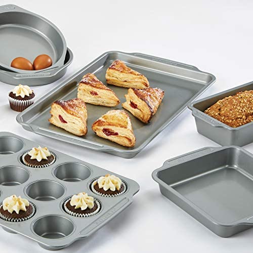 Farberware Nonstick Bakeware Set Includes Cookie Sheets/Baking Cake Muffin and Bread Pan, 8 Piece, Gray - The Finished Room