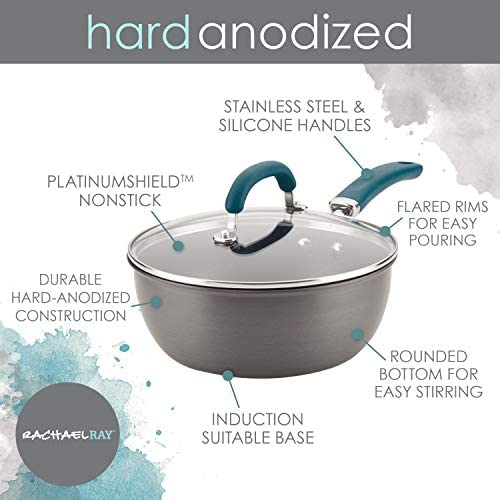 Rachael Ray Create Delicious Hard Anodized Nonstick Saute/All Purpose Pan with Lid, 3 Quart, Gray With Teal Handles - The Finished Room
