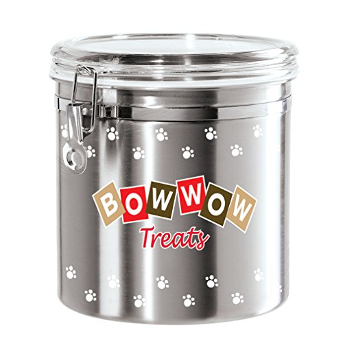Oggi Jumbo Airtight Stainless Steel Pet Treat Canister with Bow Wow Motif-Clear Acrylic Flip-Top Lid and Locking Clamp Closure, 130 oz, Silver - The Finished Room