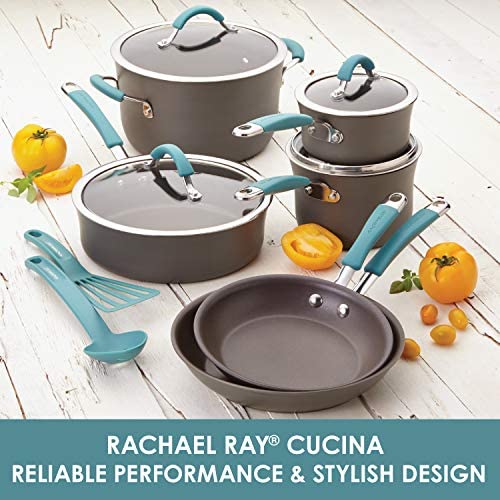 Rachael Ray Cucina Dishwasher Safe Hard Anodized Nonstick Cookware Pots and Pans Set, 12 Piece, Gray with Orange Handles - The Finished Room