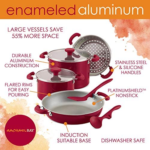 Rachael Ray 8-Piece Create Delicious Stackable Nonstick Cookware Set, Red Shimmer - The Finished Room