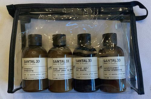 Le Labo Santal 33 Amenity Set of Shower Gel, Shampoo, Conditioner, Lotion & Cosmetic Pouch - Set of 4 Toiletries Plus Pouch - The Finished Room